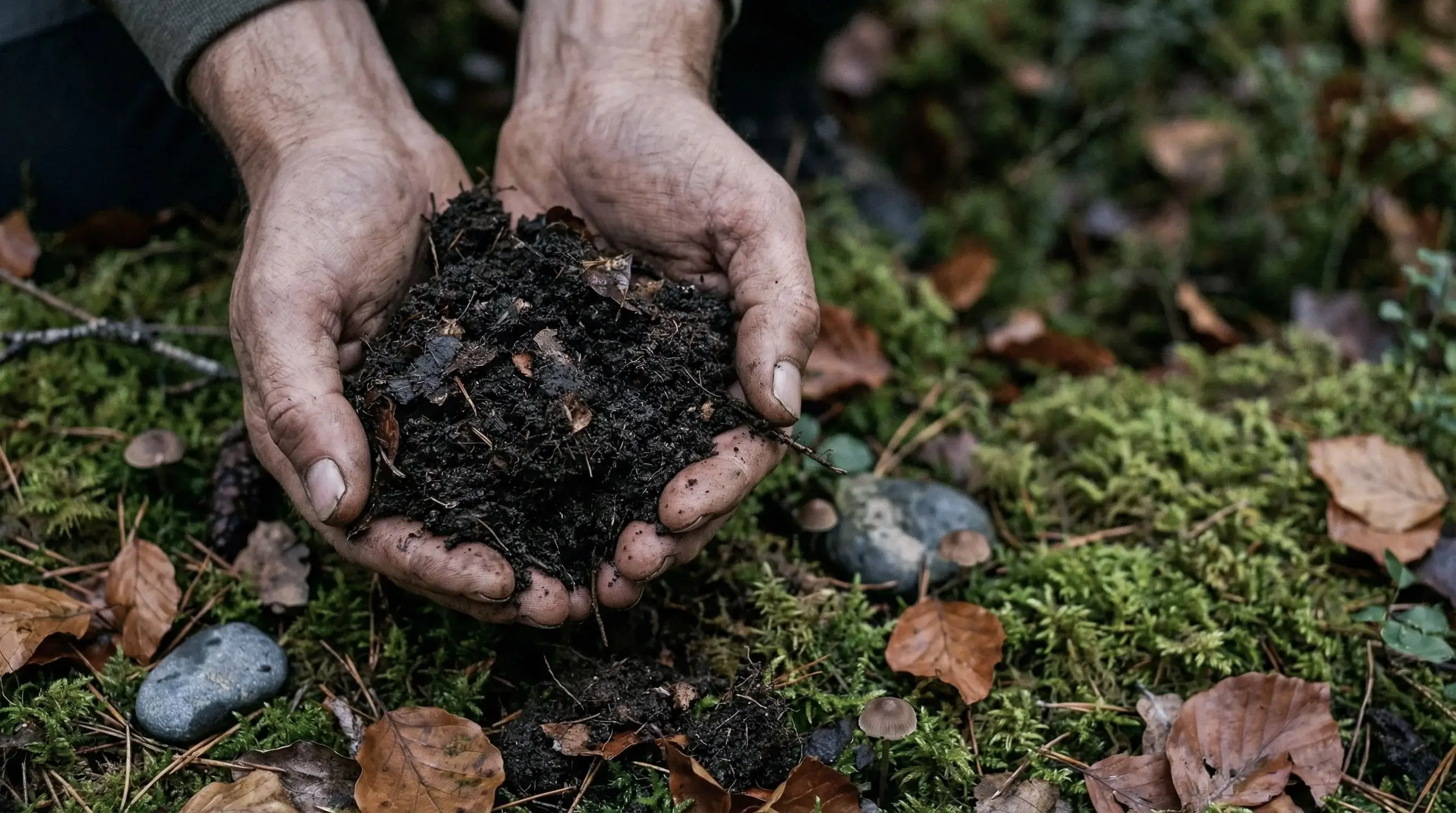 Forager's hands carefully sorting freshly gathered wild ingredients, showcasing Fjeld's connection to Nordic nature